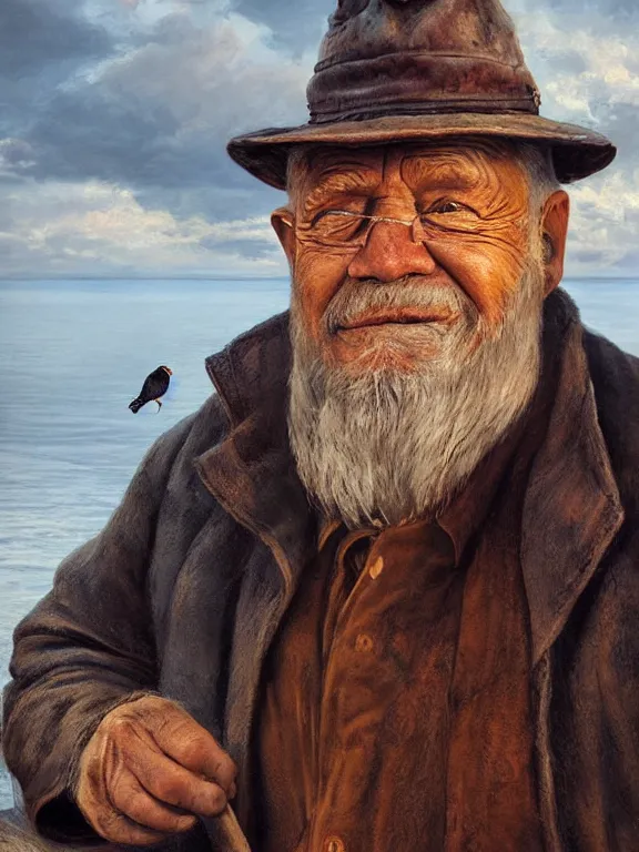 Image similar to realistic renderings portrait of very old fisher man portrait with a hat, wearing a fisher 🧥, colored wears, ( ( ( ( ( a bird in the sky ) ) ) ) ) port scene background, astonishing scenes, detailed, photorealism, volumetric lighting, autumn lights colors, ultra detailed