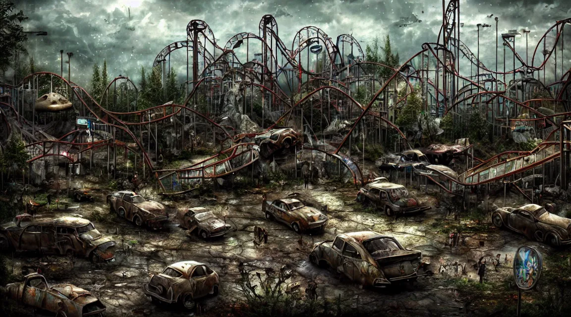 Image similar to post apocalyptic theme park park, trending on artstation, photorealistic, wilderness ambiance, ultra detailed, high definition, depth of field, bokeh, rubble, wild vegetation, building crumbling,