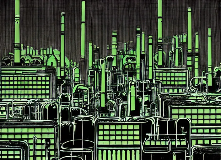 Prompt: a wide and massive chemical plants with a lot of tanks and pipes. greenish color accent in a dark muted atmosphere. dark deco, total recall style, metropolis style, dark noir, expressionism, poster art, neo gothic. tim burton, bruce timm, eric radomski, francis bacon