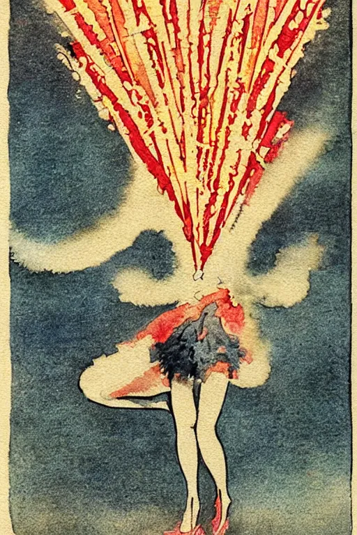 Prompt: anatomical illustration of fireworks, 1920s art deco, by Telemaco Signorini, vintage postcard, a vintage anime 70s comic book watercolor by Dean Ellis and by Seiichi Hayashi