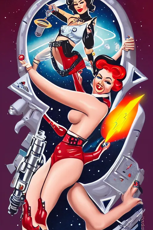 Image similar to old school, traditional style flashes of pinup girl in space holding a lazer pistol by sailor jerry, marina goncharova, vic james, electric martina, heath clifford, filip henningsson, kimi vera