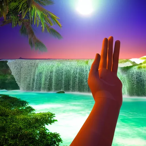 Image similar to a low-poly render of a big purple hand holding the orange setting sun on the ocean horizon. a green tinted transparent beckoning lady in front of a waterfall. a cream colored abandoned building featuring two statues and pitch black periphery. a prehistoric jungle scene with a mountain in the background.