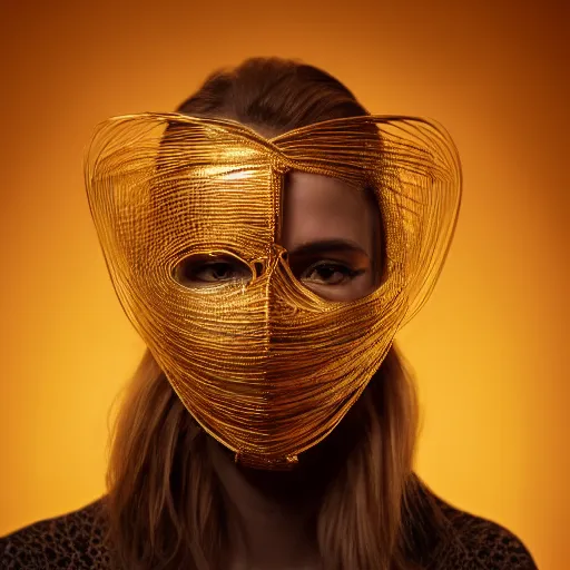 Prompt: a portrait of a woman wearing a mask over her mouth made of golden wire, speculative fashion, highly detailed 8k photography, cinematic lighting, trending on artstation H 768