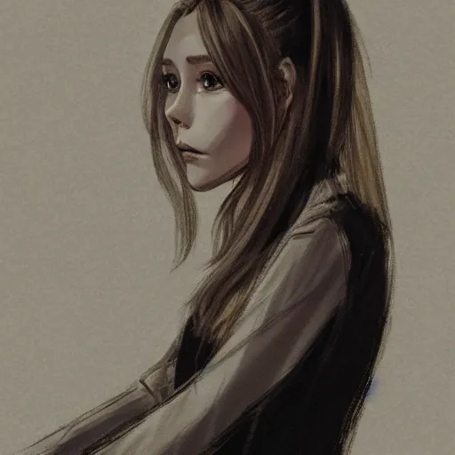 Prompt: Anime portrait of Elizabeth Olsen sitting down on a chair, trending on artstation, 4k, 8k, anime art, anime style