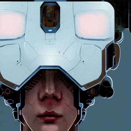 Image similar to detailed character concept art close up portrait of a detailed and hi - tech reconnaissance robot in an empty chamber, artstation, award - winning realistic sci - fi concept art by greg rutkowski and yoshitaka amano, in the style of moebius, flat pop color surrealist artwork.