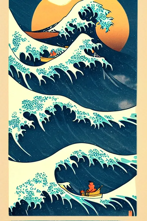 Image similar to The Great Wave off Kanagawa as a Vintage Travel Poster, Moon in the background