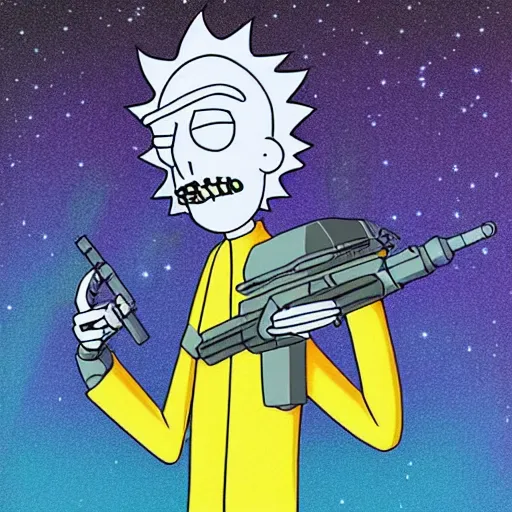 Image similar to portrait of alien rick holding a cybernetic rifle, rick and morty forever and forever a hundred years! g