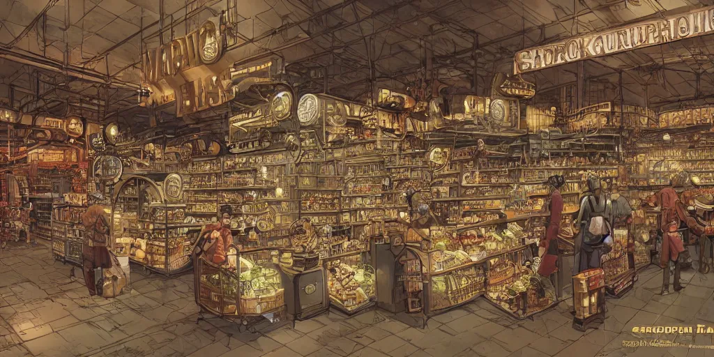 Image similar to Steampunk grocery store overview mapa design, Moebius, Greg Rutkowski, Zabrocki, Karlkka, Jayison Devadas, Phuoc Quan, trending on Artstation, 8K, ultra wide angle, pincushion lens effect