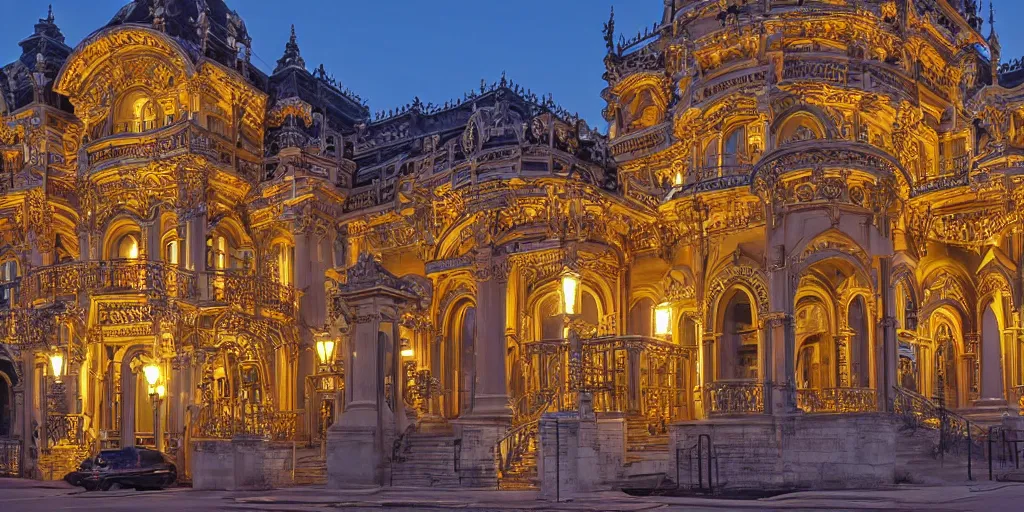 Image similar to extremely detailed ornate stunning sophisticated beautiful elegant victorian museum exterior by Henry Young Darracott Scott and Francis Fowke, stunning volumetric light, stainless steal, concrete, translucent material, beautiful sunset, tail lights