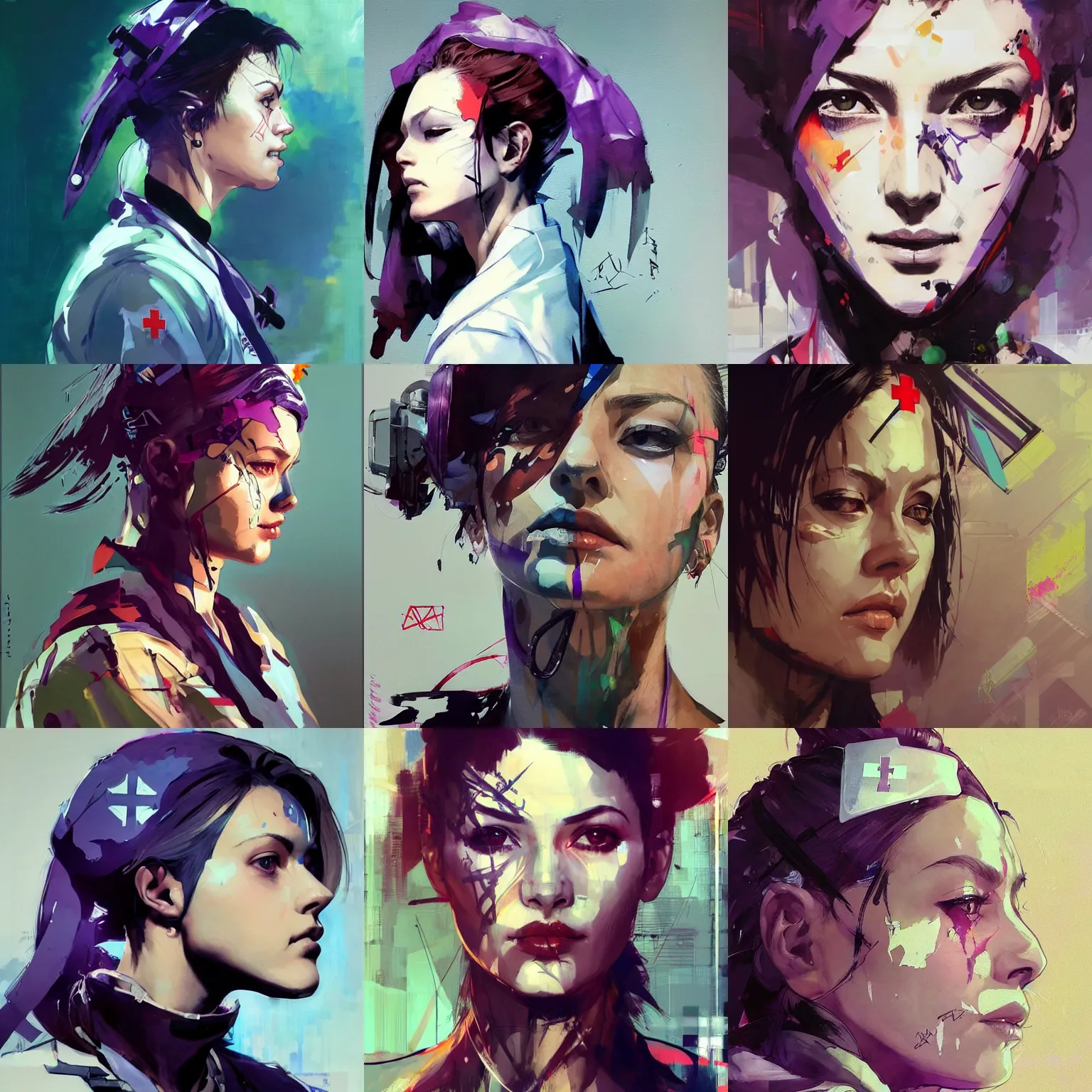 Prompt: a beautiful side portrait painting of a nurse. she has a purple cross in her forehead. art by yoji shinkawa and sandra chevrier, trending on artstation, award - winning, perfect composition.