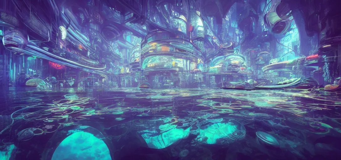 Prompt: beautiful view of an underwater futuristic neon city, caustics, water, dappled light, reflections, bubbles, refraction, symmetry, dramatic lighting, ultra detailed, sharp, ambient occlusion, bloom, raytracing, vibrant, vivid colors, picturesque, by dylan cole, sebastian meyer and jordan grimmer