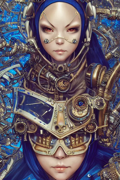 Image similar to Portrait of a steampunk sci-fi cyborg ninja, third person, D&D, sci-fi fantasy, intricate, blue and gold, highly detailed , art by Range Murata, highly detailed, 3d, octane render, bright colors, digital painting, trending on artstation, sharp focus, illustration style of Stanley Artgerm,