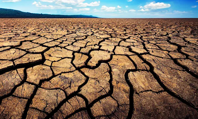 Image similar to panorama of big raindrops flying upwards into the perfect cloudless blue sky from a dried up river in a desolate land, dead trees, blue sky, hot and sunny highly-detailed, elegant, dramatic lighting, artstation, 4k, cinematic landscape, photograph by National Geographic