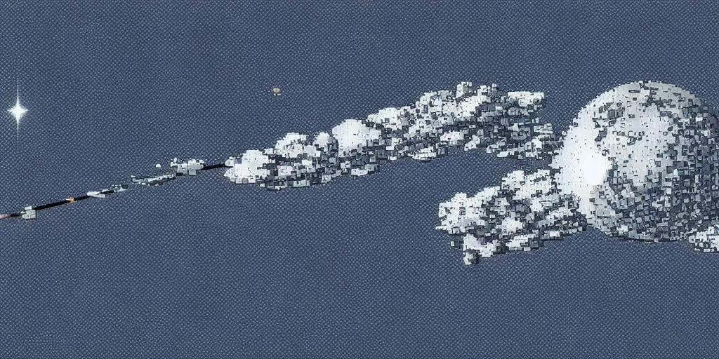 Image similar to chrome satellite floating through space, pixelart style