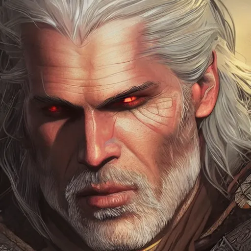 Image similar to closeup of Geralt of Rivia, D&D, fantasy, intricate, elegant, highly detailed, digital painting, artstation, concept art, matte, sharp focus, illustration, hearthstone, art by Artgerm and Greg Rutkowski and Alphonse Mucha