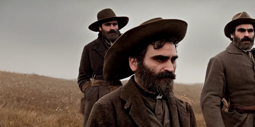 Image similar to Joaquin Phoenix as Daniel Plainview in 'There Will Be Blood' (2007), movie still frame, oscar nominated cinematography, volumetric lighting, 8k resolution, beautiful composition