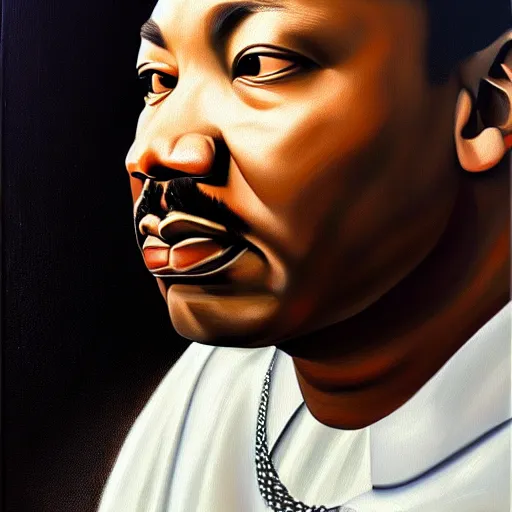 Image similar to hyper realistic oil painting martin luther king in the style of caravaggio