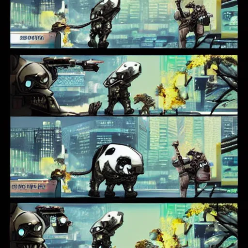 Image similar to a cyberpunk dinosaur war against an army of cyborg pandas, masamune shirow