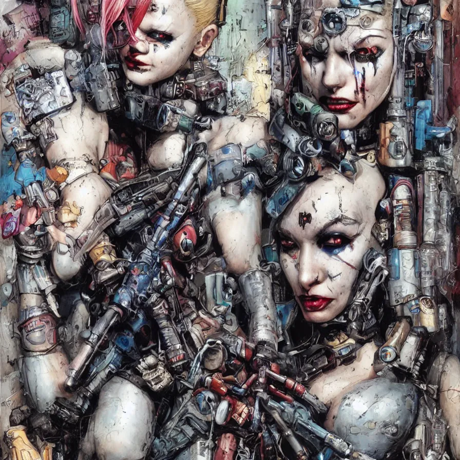 Image similar to a dream portrait of cyberpunk Harley Quinn in post apocalyptic Gotham art by Paul Dini, Travis Charest, Simon Bisley