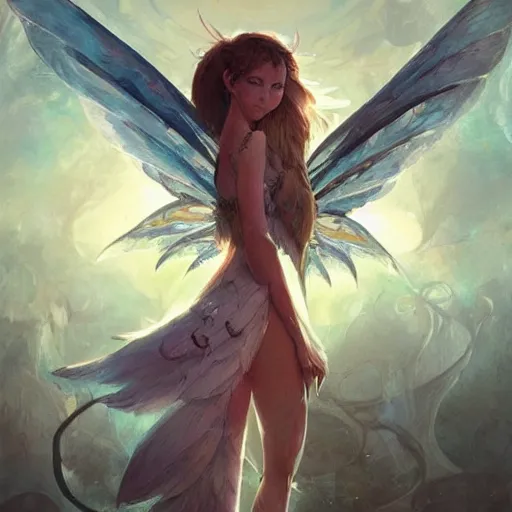 Image similar to a fairy, symmetrical wings made of pizza slices, style of by Jordan Grimmer and greg rutkowski, crisp lines and color,