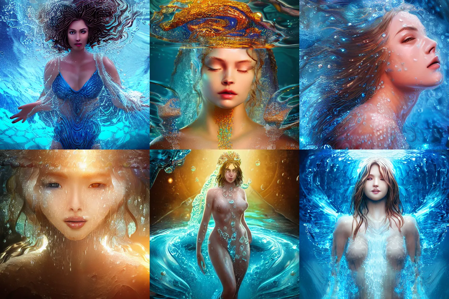 Prompt: a beautiful female human god of water character, character is in all its glory under the water, character is centered on the image, rim lights, highly detailed professional photo, dynamic lights, particles and crystals are flying, very deep depth of field, trending on artstation, illustration, hyper realistic, super detailed, colorful accents