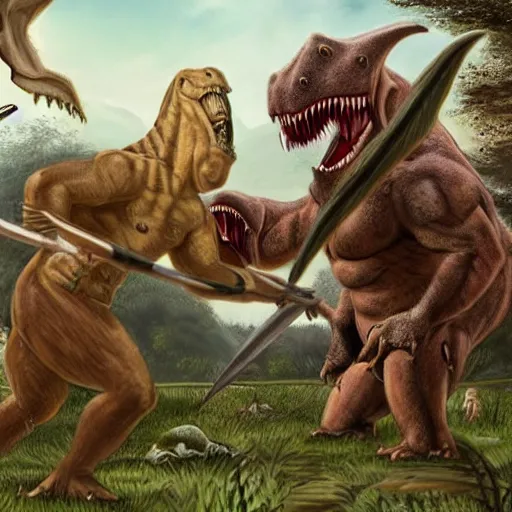 Image similar to A large dinosaur! fighting with several realistic detailed cavemen with proportioned bodies, next to the dinosaur are cavemen, the cavemen are armed with spears, the caveman are in a fighting stance, the cavemen are wearing animal furs, one caveman is stabbing the dinosaur with his spear, one caveman is cowering in fear, coarse canvas, visible brushstrokes, intricate, extremely detailed painting by William Turner (and by Greg Rutkowski)