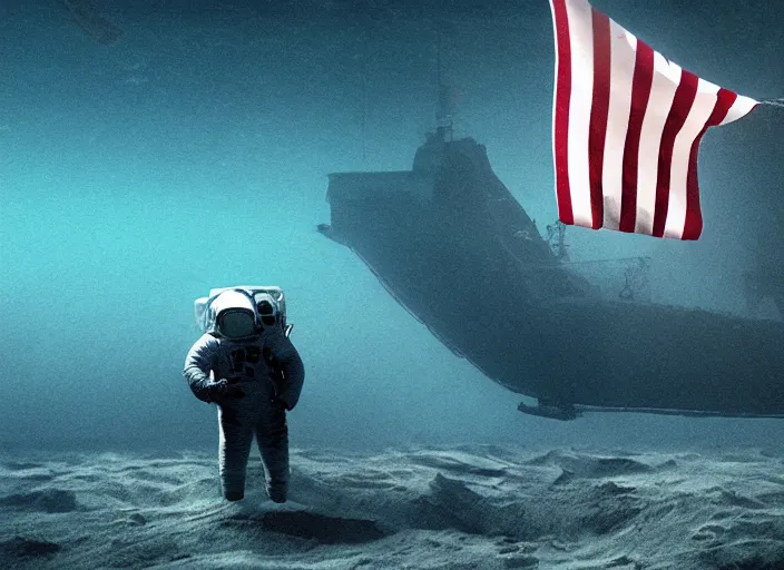 Image similar to astronaut underwater putting a flag in the sand of the bottom of the ocean. a submarine is visible in the distance. dark, concept art, cinematic, dramatic, atmospheric, 8 k, trending on artstation, low visibility, fog, ocean floor, christopher nolan, interstellar