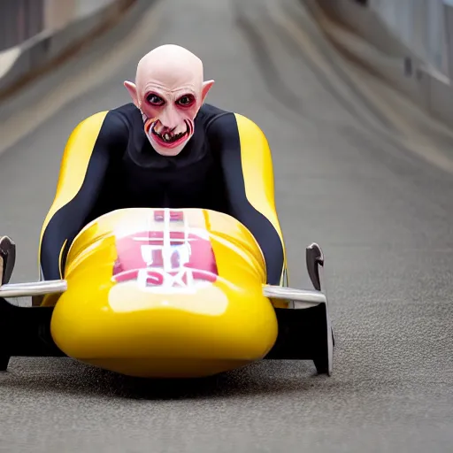 Image similar to portrait of nosferatu is doing bobsleigh alone, sport photography