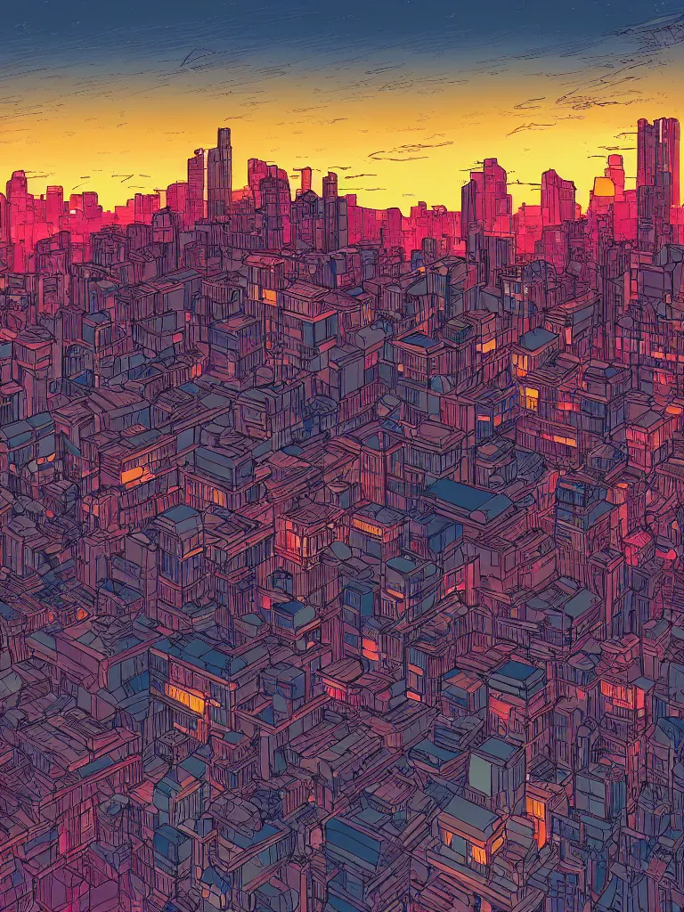 Image similar to a digital art of sunset, a metropolis beside the river, by laurie greasley, artstation, studio ghibli color scheme