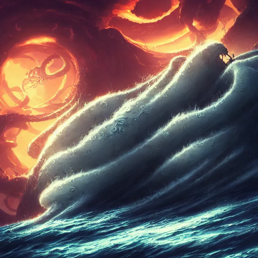 Image similar to treasure planet, kraken monster in a stormy sea with huge waves, huge tentacles, clouds, stars, rings, beautiful lighting, vivid colors, intricate, elegant, smooth, concept art, cinematic, unreal engine, wallpaper, by syd mead, terada katsuya, atey ghailan, svetlin velinov, makoto shinkai art style