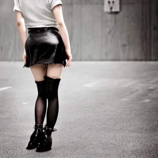 Image similar to a dynamic, epic cinematic 8K HD movie shot of a japanese young J-Pop idol girl wearing leather jacket, miniskirt, nylon tights and high heels boots. Motion, VFX, Inspirational arthouse