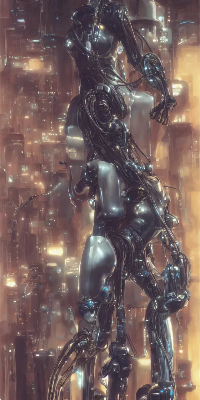 Image similar to beauty Blade Runner woman, robotic arms, cyberpunk, lots of cables and wiring, electrical details, trending on artstation, by Hajime Sorayama and Boris Vallejo