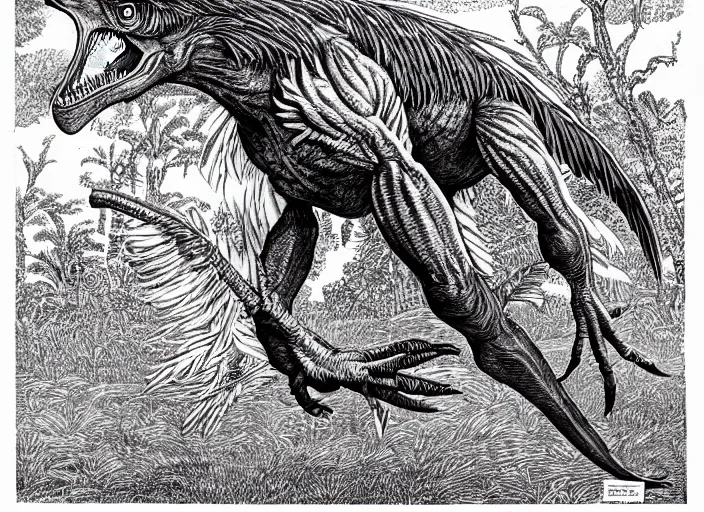 Prompt: a feathered velociraptor, full body, pen-and-ink illustration, etching, by Russ Nicholson, DAvid A Trampier, larry elmore, 1981, HQ scan, intricate details