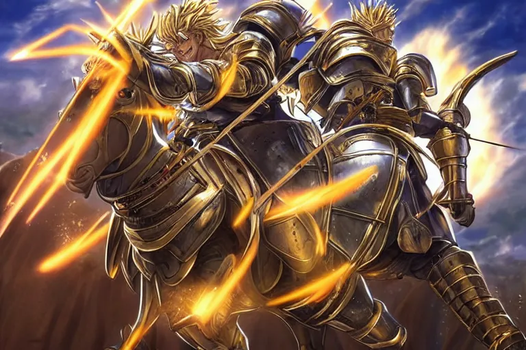 Image similar to an ultra detailed portrait of king richard the lionhearted as a paladin shonen anime protagonist charging into battle wearing bright gold armor and riding a horse blessed by god, epic anime fantasy, 8 k, volumetric lighting, smooth, highly detailed, digital illustration, art by kentaro miura and akira toriyama and artgerm