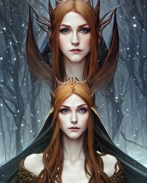 Image similar to portrait of katherine mcnamara elven mage, dark, piercing eyes, gentle expression, elegant clothing, photorealistic, highly detailed, artstation, smooth, sharp focus, art by michael whelan, artgerm, greg rutkowski and alphonse mucha