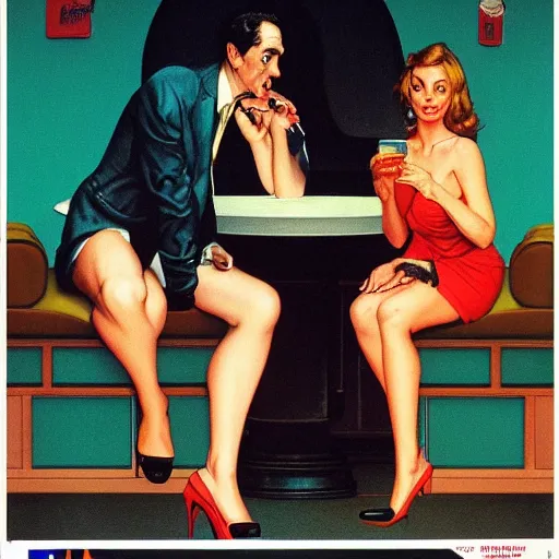 Prompt: Leisure suit Larry, 1993, by Norman Rockwell and Edward Hopper. film noir