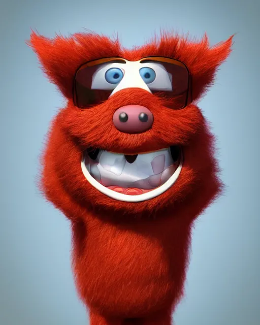 Image similar to 3 d render of completely red hairy friendly antropomorphic robust cartoony creature wearing chrome shades, without nose, full body, in the style of pixar, simple, cute, white background, unreal engine 5, octane render, highly detailed hdr