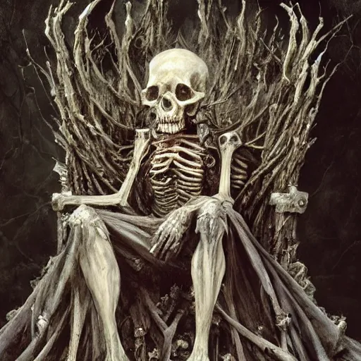 Image similar to withered old king sitting on a throne of rotting bones, highly detailed painting by seb mckinnon, 8 k