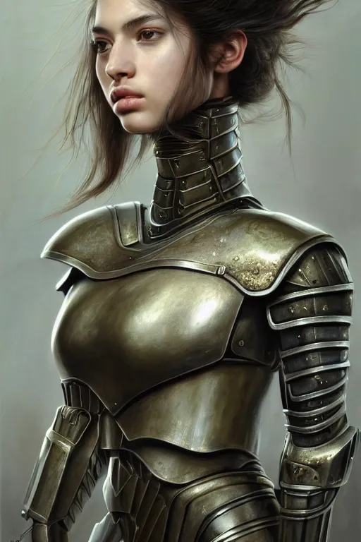 Prompt: a photorealistic painted portrait of an attractive young girl, partially clothed in dull metal-plated battle armor, olive skin, long dark hair, beautiful bone structure, symmetric facial features, photorealistic eyes, natural physique, intricate, elegant, digital painting, concept art, finely detailed, beautifully illustrated, sharp focus, minimal artifacts, from Metal Gear, by Ruan Jia and Mandy Jurgens and Artgerm and William-Adolphe Bouguerea, in the style of Greg Rutkowski, trending on Artstation, award winning
