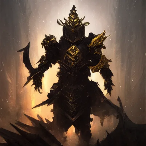 Prompt: anthropomorphic dragon warrior stands tall wearing black and gold plate armor, oil painting, Tooth Wu, Greg Rutkowski, RPG, dynamic lighting, fantasy art, High contrast, depth of field, landscape, scenery