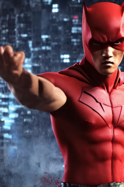 Image similar to A still of Bruce Lee as the Red Hood in The Batman 2022, close-up, sigma male, rule of thirds, award winning photo, unreal engine, studio lighting, highly detailed features, Gotham setting