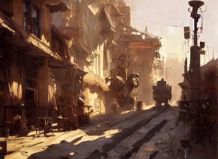 Image similar to oil painting of old rugged zyborg robot in dusty wild west street, art by anders zorn, wonderful masterpiece by greg rutkowski, beautiful cinematic light, american romanticism by greg manchess, jessica rossier