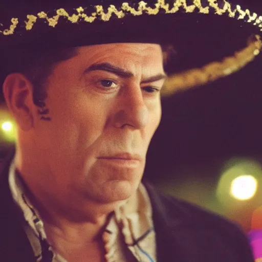 Prompt: A portrait of Kramer wearing a sombrero with a shallow depht of field, bokeh, dramatic lighting