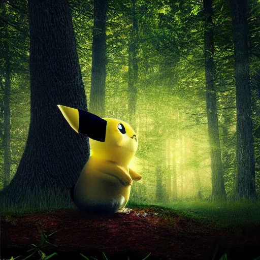 Image similar to very very intricate photorealistic photo of pikachu peeking through a tree in a forest, photo is in focus with detailed atmospheric lighting, award - winning details