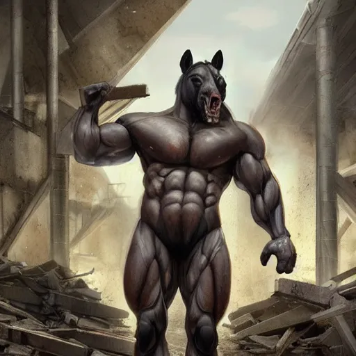 Image similar to a hyper - muscular anthro horse wearing a tactical bodysuit standing in the ruins of a facility, equine, magnificently muscular physique, dynamic pose, highly detailed, digital painting, artstation, concept art, illustration by artgerm, greg rutkowski