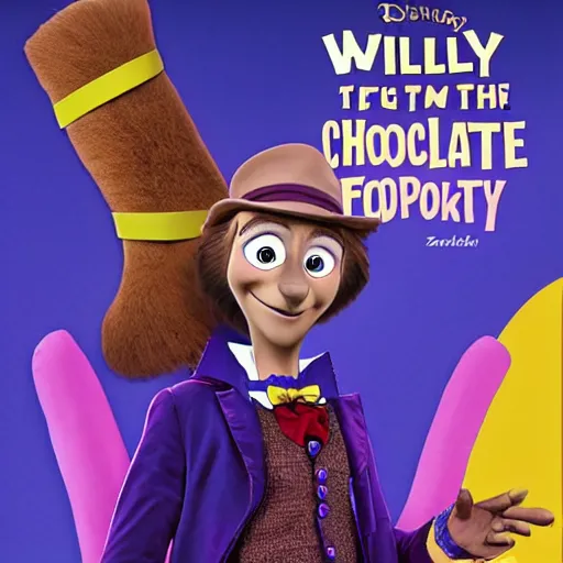 Image similar to willy wonka and the chocolate factory, animated in the style of zootopia