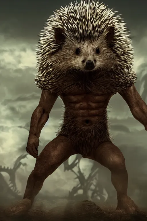 Prompt: muscular hedgehog man standing up, cinematic shot, hedgehog character hero, fantasy character art, HD digital illustration 4k