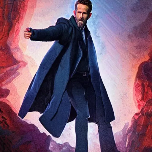 Image similar to ryan reynolds as a rough dirty old man with a scruffy beard in a dark blue trenchcoat as the new doctor who, cinematic, volumetric lighting, f 8 aperture, cinematic eastman 5 3 8 4 film, photorealistic by greg rutkowski, by stanley artgerm, by alphonse mucha