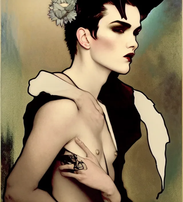 Image similar to stunning portrait of highly details androgynous ruby rose as desire from sandman, rockabilly style, by ego shield, by alphonse mucha, by jeremy mann, by peter lindbergh, dave mckean, by maurice sapiro, by frank moth, white suit and black tie, soft lightning, high detailed, 8 k