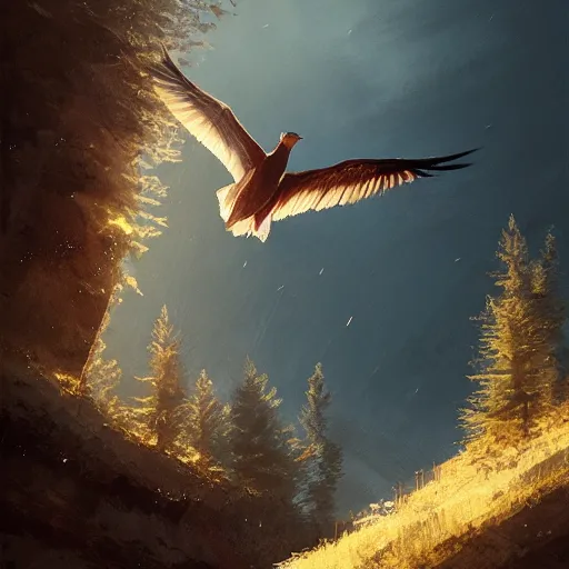 Image similar to milano bird, milvus milvus flying in avila mountains, 4 k, concept art, by wlop, ilya kuvshinov, artgerm, krenz cushart, greg rutkowski, pixiv. cinematic dramatic atmosphere, sharp focus, volumetric lighting, cinematic lighting, studio quality